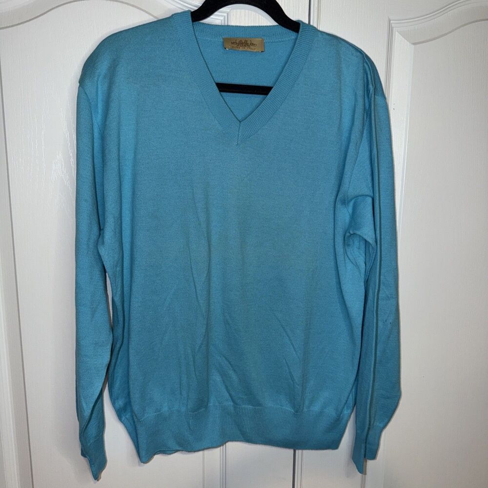 Montechiaro Mens Sweater Size M Blue Turquoise V Neck Soft Academia Preppy Italy